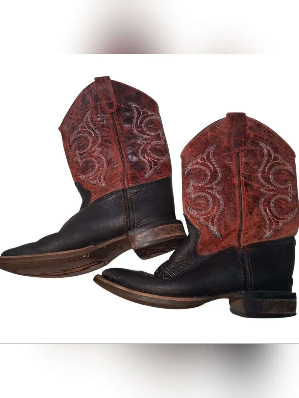 Old West Broad Square Toe Western Cowboy Boots Black & Maroon 2.5D Youth Size